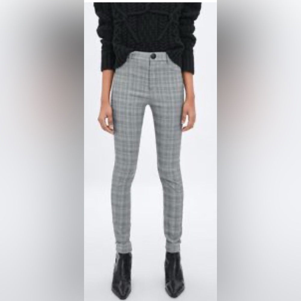 Zara Basic Gray Checkered Plaid Elastic Leggings-… - image 1